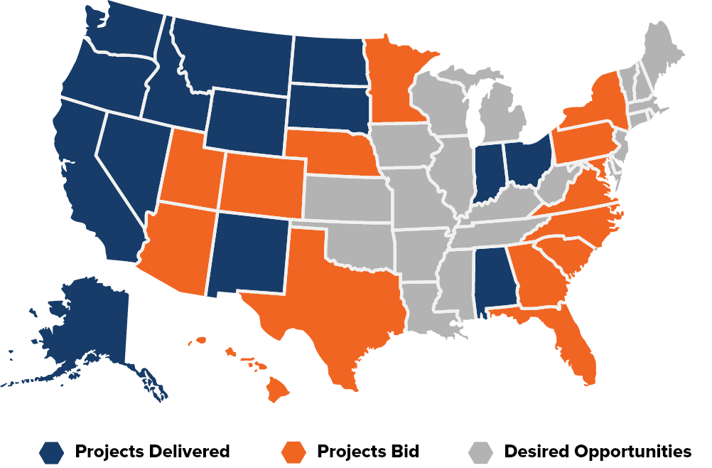 A map of the USA with states highlighted to show coverage.